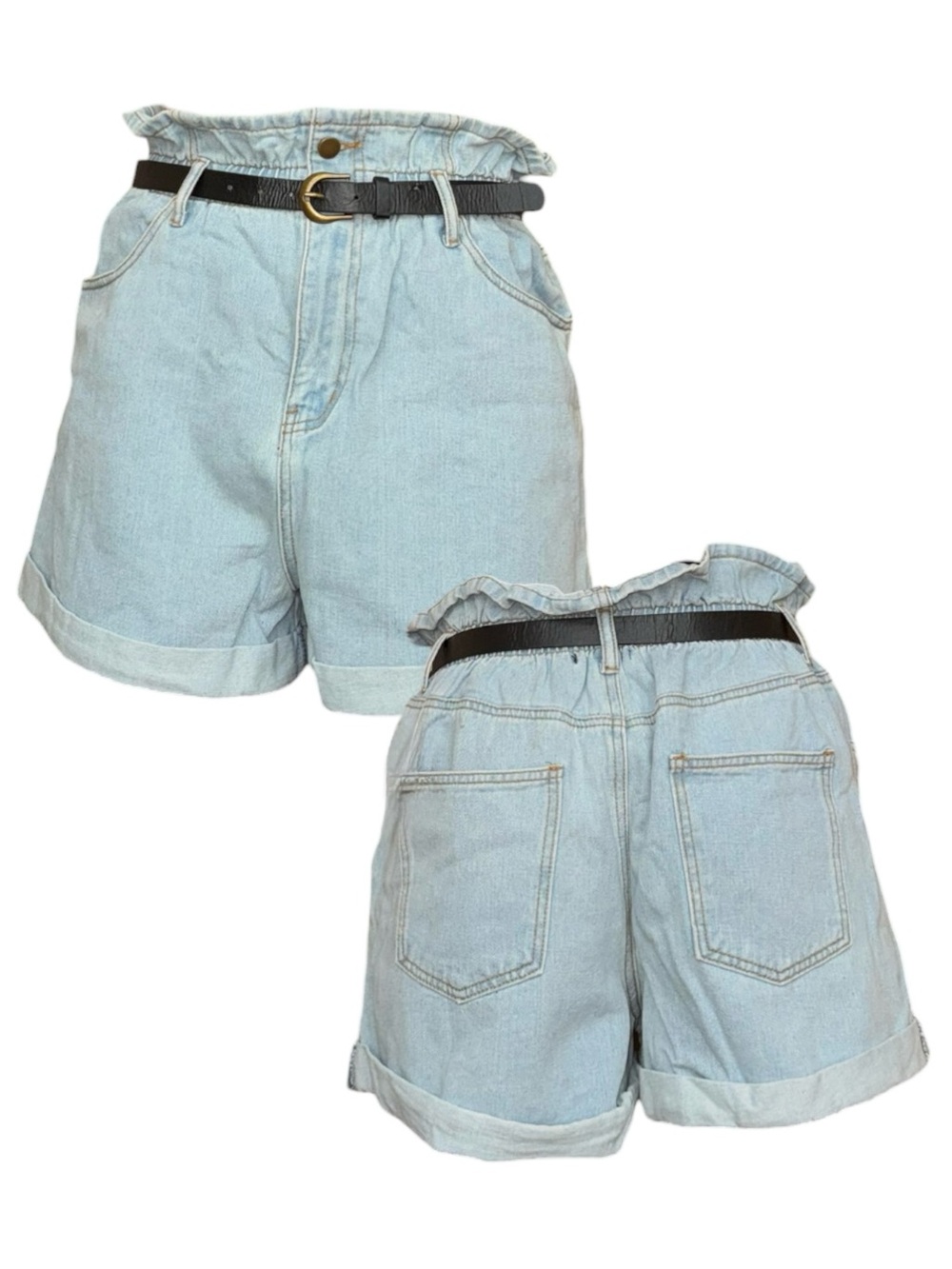 Forever 21 Light Blue Denim Paperbag Waist Shorts with Black Belt